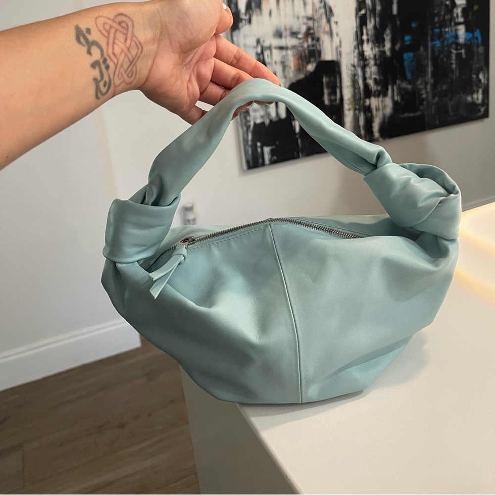 BOTTEGA VENETA
Mini Knotted Napa Hobo Bag- light blue